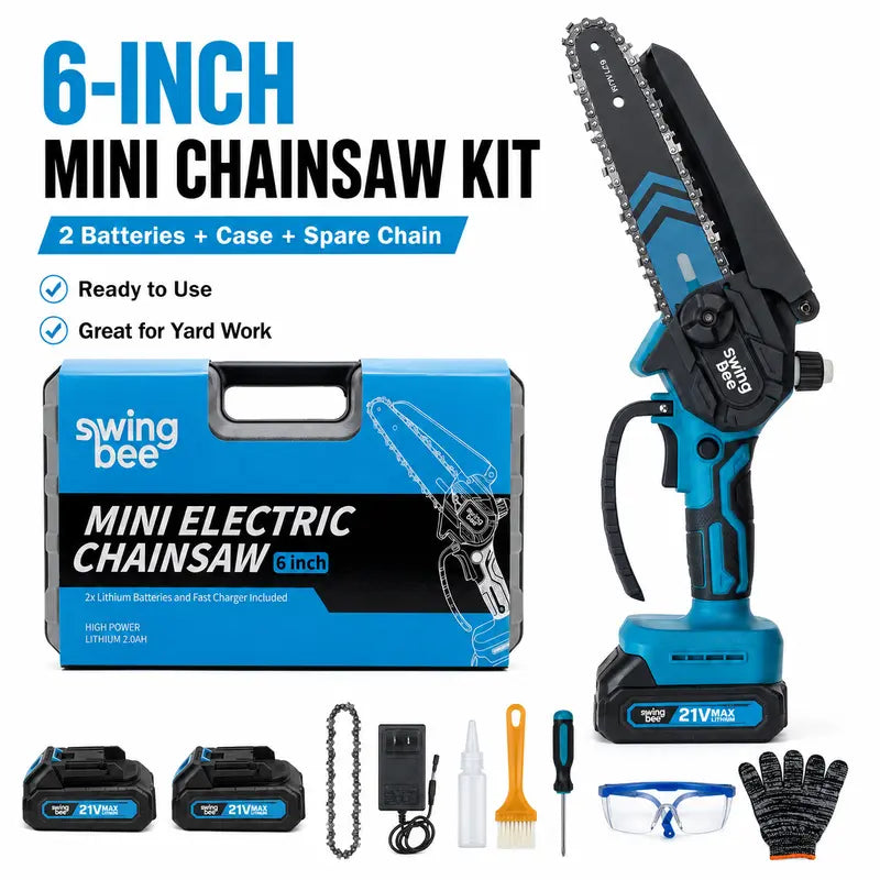 SwingBee 6-Inch Cordless Mini Chainsaw, 21V MAX Portable Handheld Electric Chain Saw with 2 Batteries, Carrying Case & Spare Chain for Tree Trimming & Wood Cutting