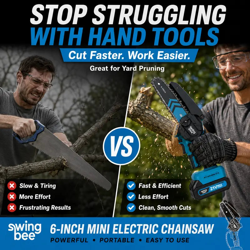 SwingBee 6-Inch Cordless Mini Chainsaw, 21V MAX Portable Handheld Electric Chain Saw with 2 Batteries, Carrying Case & Spare Chain for Tree Trimming & Wood Cutting