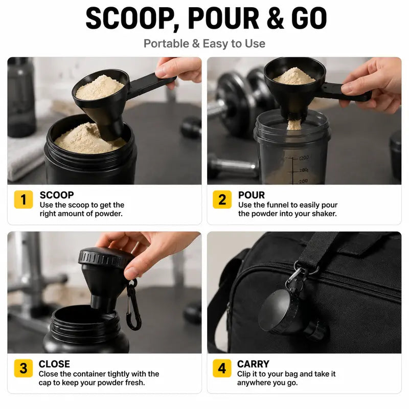Compact BPA-Free 2-in-1 Protein Powder Scoop & Mini Funnel with Carabiner