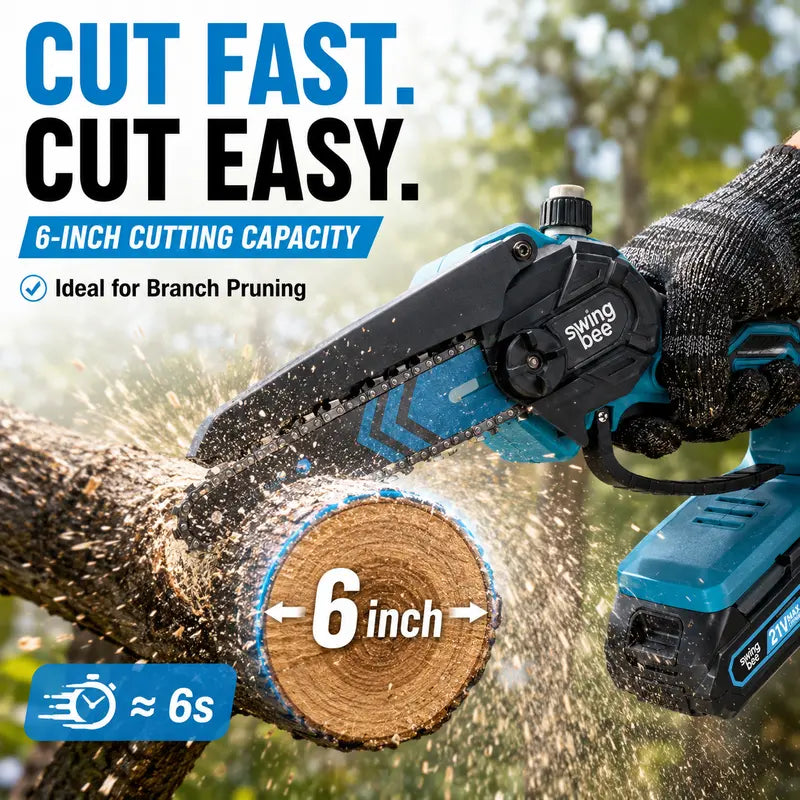 SwingBee 6-Inch Cordless Mini Chainsaw, 21V MAX Portable Handheld Electric Chain Saw with 2 Batteries, Carrying Case & Spare Chain for Tree Trimming & Wood Cutting