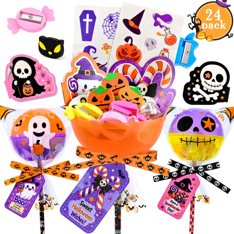 Unisex 24-Pack 2026 Upgraded Light-Up Giant Halloween Lollipop Stationery Kit with Cards, Halloween Party Favors for Kids, Classroom Exchange Gifts