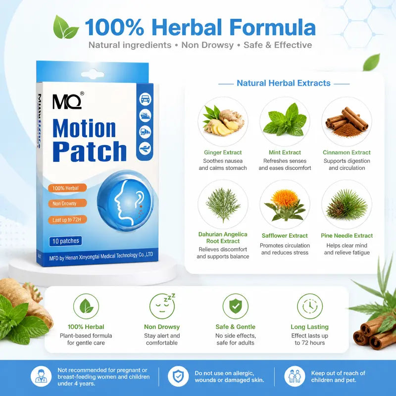 MQ Non-Drowsy Herbal Motion Sickness Relief Patches, 10 Pieces Behind-Ears Self-Adhesive Plasters, 72H Long-Lasting Soothing Heat Packs, Car & Travel Relief Essentials for Alternative Herbal Medication