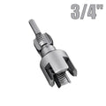 High concentricity design — pipe thread cutter precisely aligned on PVC pipe showing stable balanced connection with red motion lines