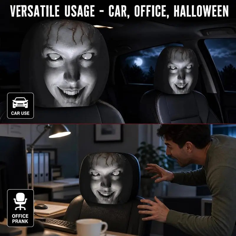 Halloween Car Decor Set! 2-Pack Breathable Ghost Face Headrest Covers, Upgrade Comfort Dust Cover, Immersive Horror Atmosphere Car Accessories Interior