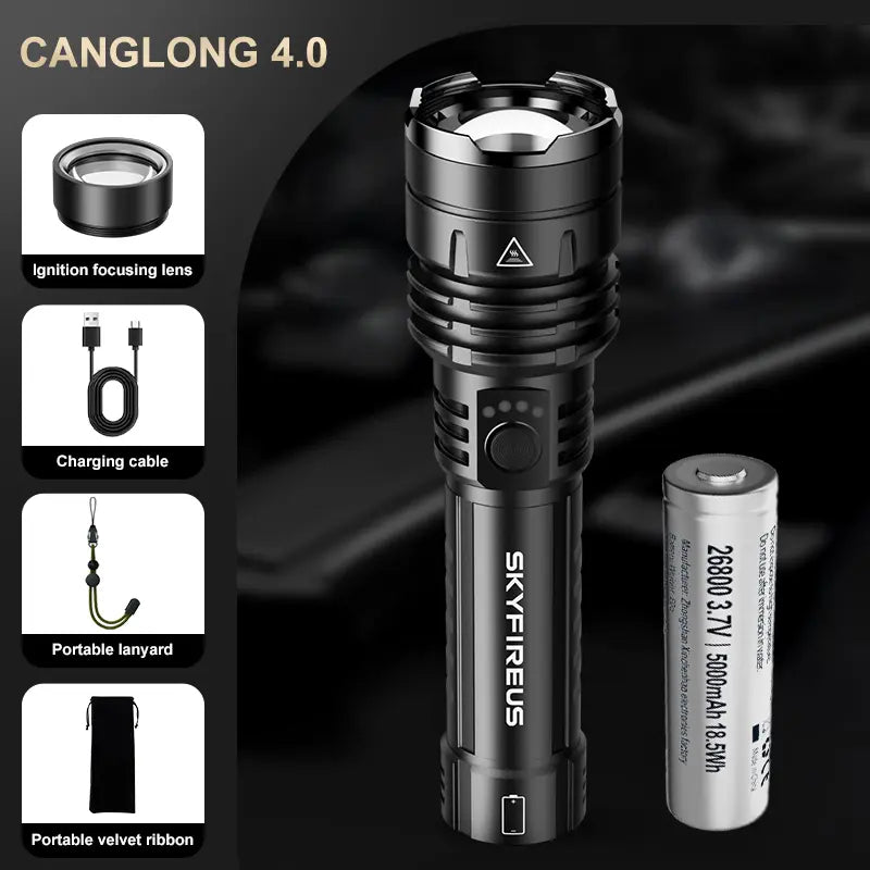 SKYFIRE 1376 Rechargeable LED Tactical Flashlight - 1500 Lumens, Zoomable, 5 Modes, Waterproof