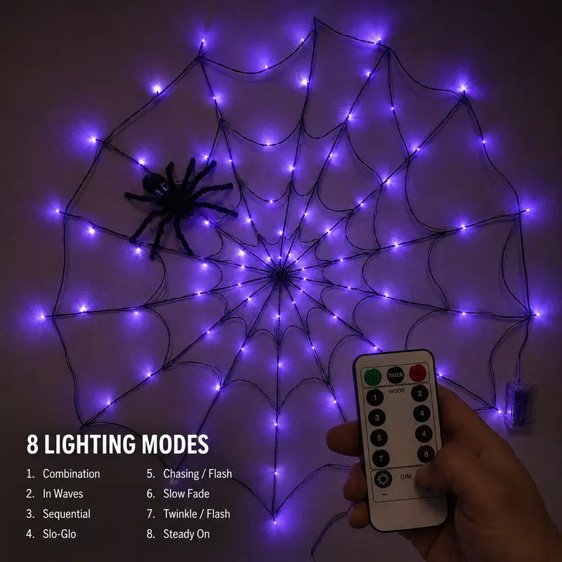 Spooky Purple LED Spider Web Lights Set, 1.2M 70 LED with 30CM Plush Spider & Remote Control