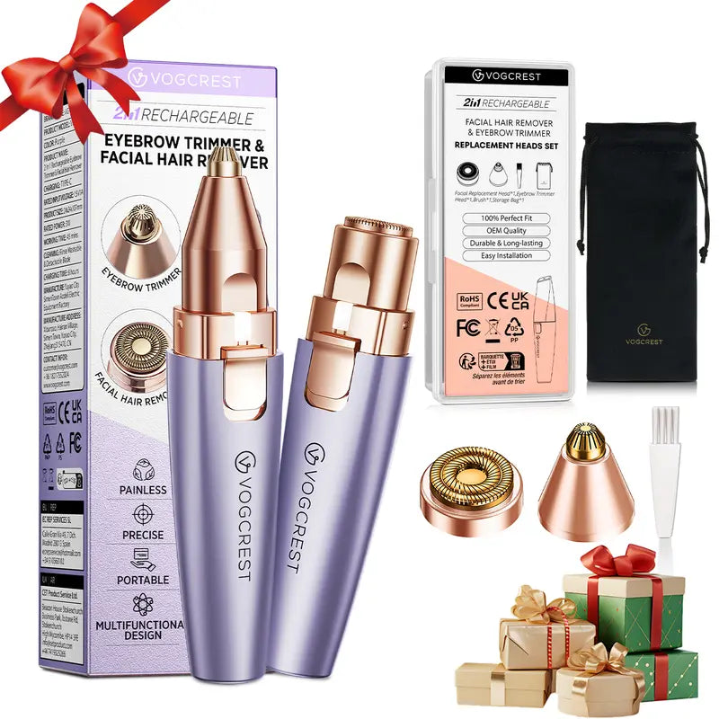 VG VOGCREST 2-in-1 Eyebrow Shaper & Facial Hair Remover with LED Light, Rechargeable Painless Precision Trimmer for Face & Lips
