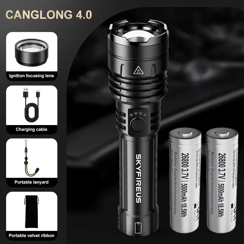 SKYFIRE 1376 Rechargeable LED Tactical Flashlight - 1500 Lumens, Zoomable, 5 Modes, Waterproof