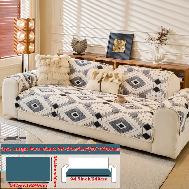 Geometric Plush Sofa Cover, Anti-Slip & Pet-Friendly