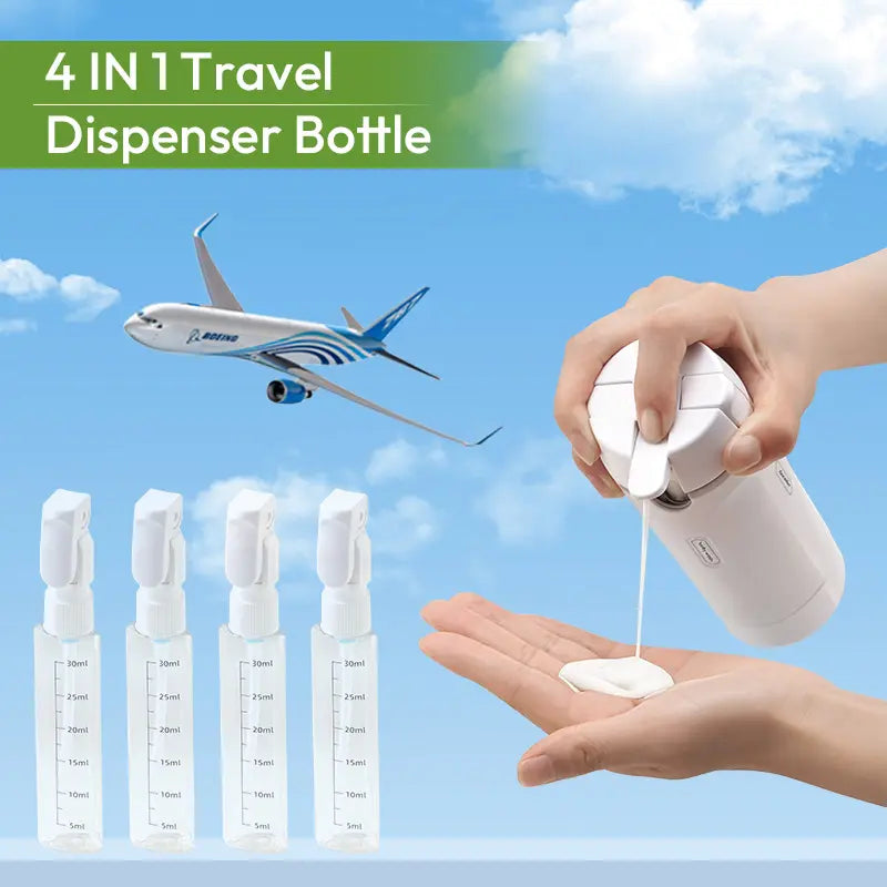 4-in-1 Travel Dispenser Bottle, Leak-Proof Refillable Silicone Squeeze Container with Lock, Compact and Lightweight Toiletry Organizer, Easy to Carry, Ideal for Business Trips, Vacations, and Frequent Travelers
