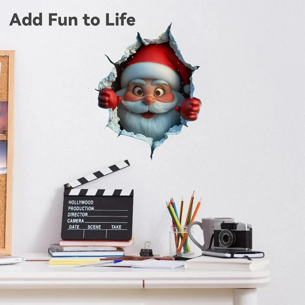 Christmas Decorative 2-Piece Santa Face Vinyl Sticker Set - Smooth 3D Illusion Shape, Peel-Off, Easy Peel-and-Stick Removable Wall Decals (11.4×9.8 Inches)