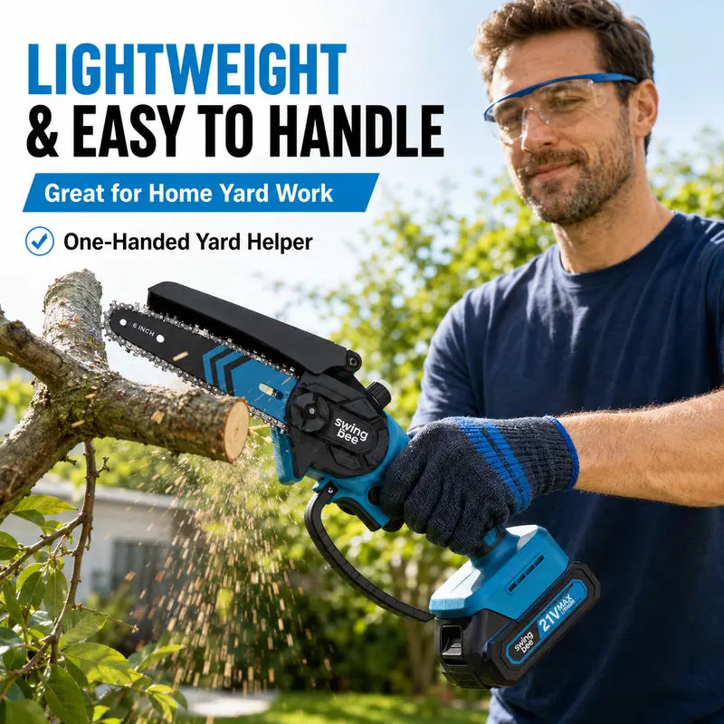 SwingBee 6-Inch Cordless Mini Chainsaw, 21V MAX Portable Handheld Electric Chain Saw with 2 Batteries, Carrying Case & Spare Chain for Tree Trimming & Wood Cutting