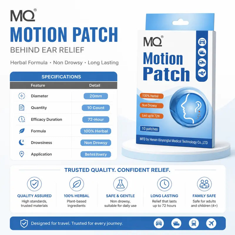 MQ Non-Drowsy Herbal Motion Sickness Relief Patches, 10 Pieces Behind-Ears Self-Adhesive Plasters, 72H Long-Lasting Soothing Heat Packs, Car & Travel Relief Essentials for Alternative Herbal Medication