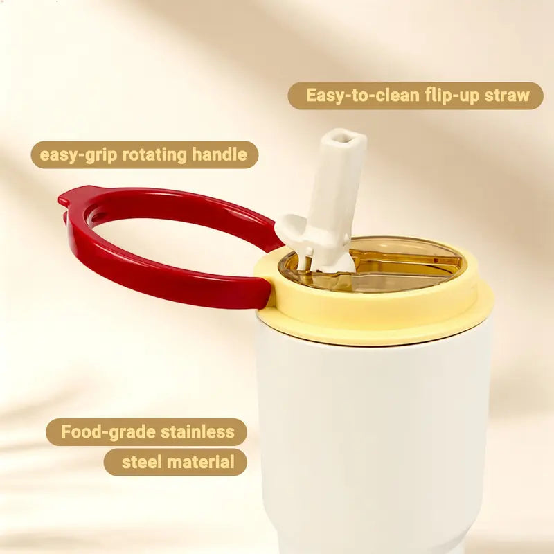 1PC Hidden Carry Handle Insulated Coffee Tumbler with Straw, Insulated Flask, Stainless Steel Vacuum Travel Mug with Lid, Portable Leak Resistant Cup, Car Cup Holder Friendly, for Women, Office School Outdoor Daily Use, Birthday Holiday Gift