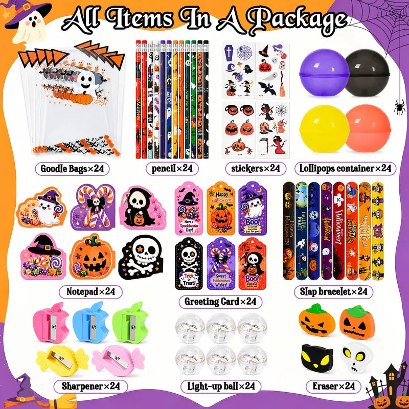 Unisex 24-Pack 2026 Upgraded Light-Up Giant Halloween Lollipop Stationery Kit with Cards, Halloween Party Favors for Kids, Classroom Exchange Gifts
