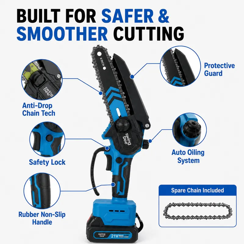 SwingBee 6-Inch Cordless Mini Chainsaw, 21V MAX Portable Handheld Electric Chain Saw with 2 Batteries, Carrying Case & Spare Chain for Tree Trimming & Wood Cutting