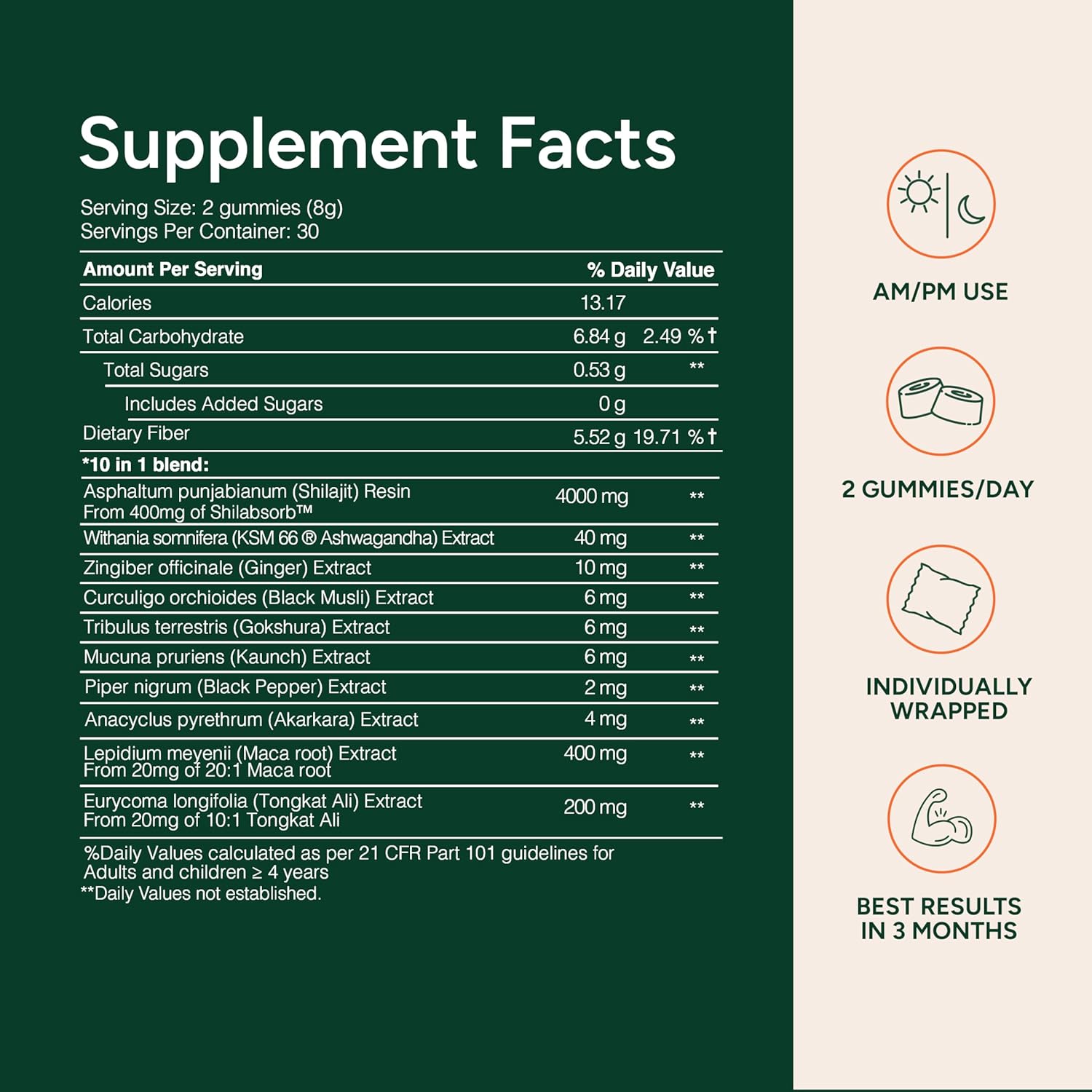 10-in-1 Shilajit Gummies (4000mg)|Tongkat Ali, Maca, 75% Fulvic Acid | Sugar-Free & Vegetarian