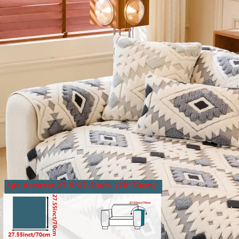 Geometric Plush Sofa Cover, Anti-Slip & Pet-Friendly