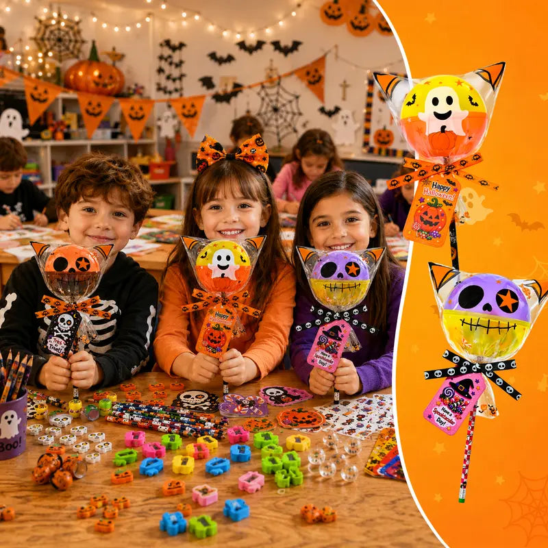 Unisex 24-Pack 2026 Upgraded Light-Up Giant Halloween Lollipop Stationery Kit with Cards, Halloween Party Favors for Kids, Classroom Exchange Gifts