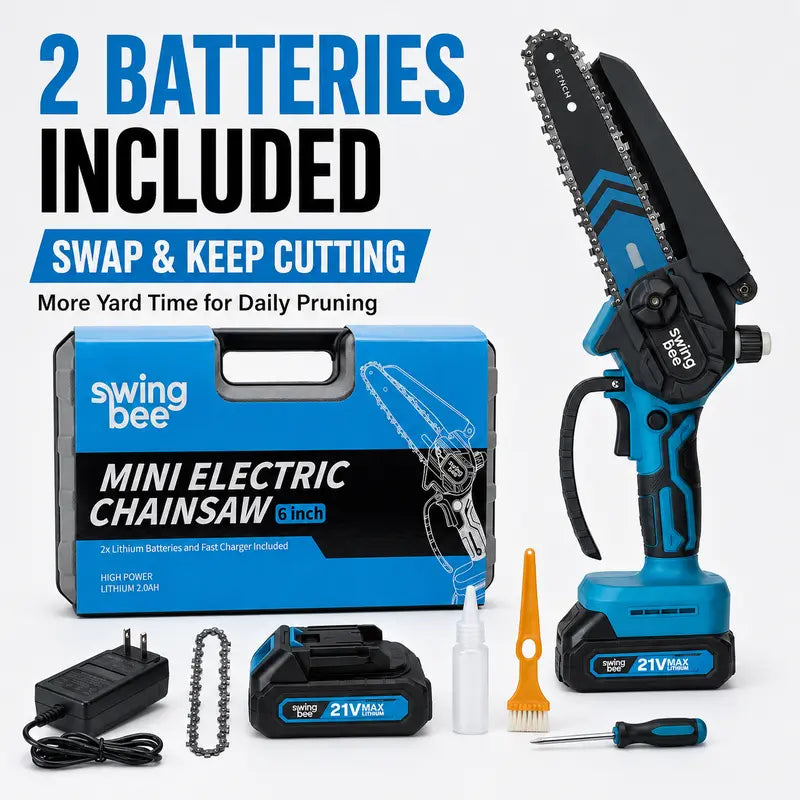 SwingBee 6-Inch Cordless Mini Chainsaw, 21V MAX Portable Handheld Electric Chain Saw with 2 Batteries, Carrying Case & Spare Chain for Tree Trimming & Wood Cutting