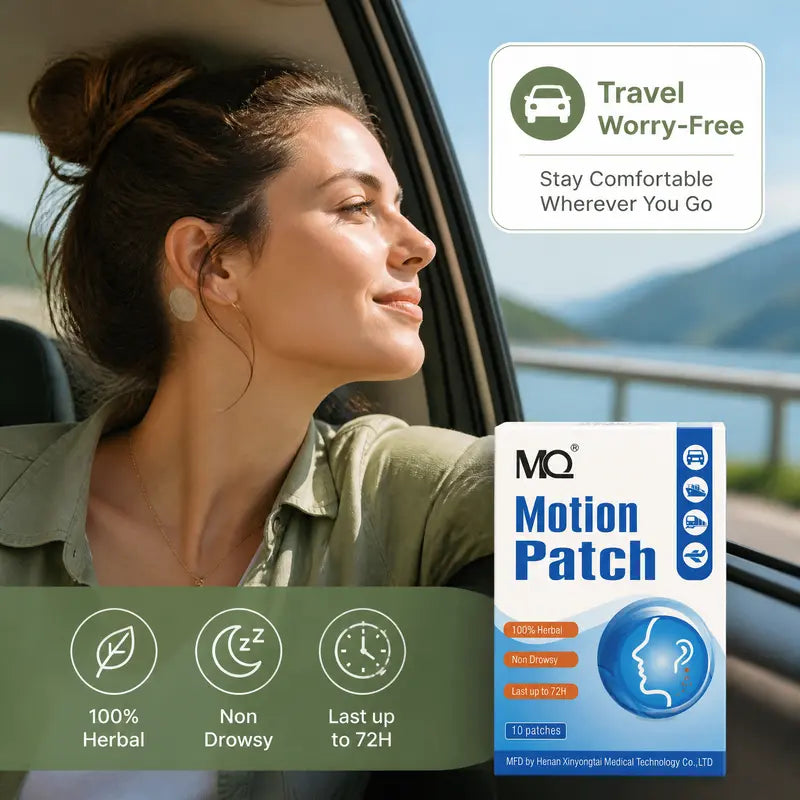 MQ Non-Drowsy Herbal Motion Sickness Relief Patches, 10 Pieces Behind-Ears Self-Adhesive Plasters, 72H Long-Lasting Soothing Heat Packs, Car & Travel Relief Essentials for Alternative Herbal Medication