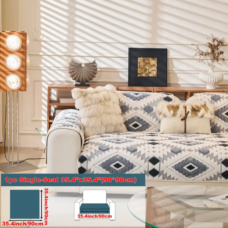 Geometric Plush Sofa Cover, Anti-Slip & Pet-Friendly