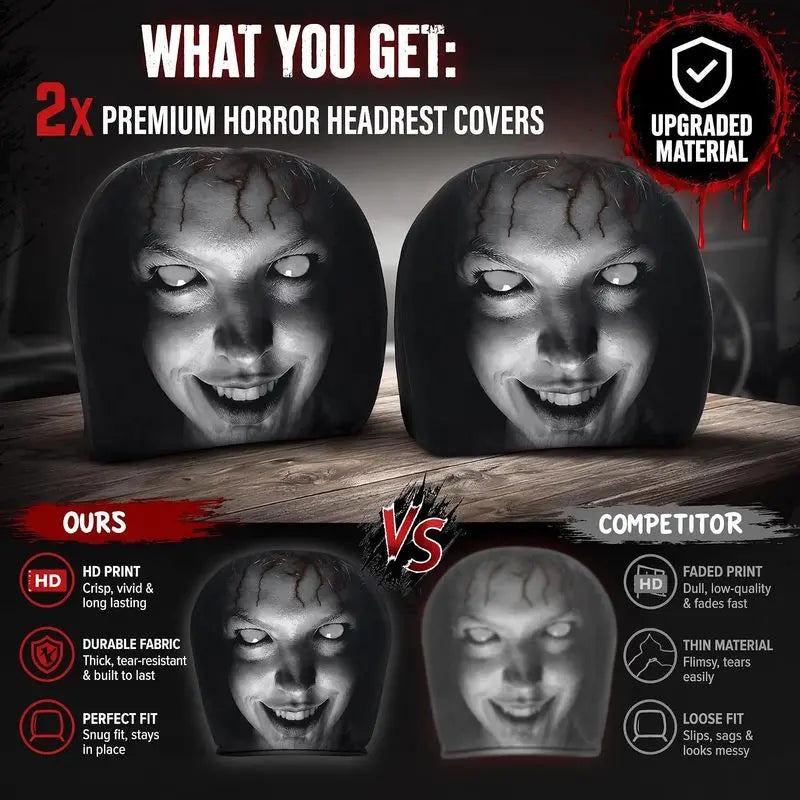 Halloween Car Decor Set! 2-Pack Breathable Ghost Face Headrest Covers, Upgrade Comfort Dust Cover, Immersive Horror Atmosphere Car Accessories Interior