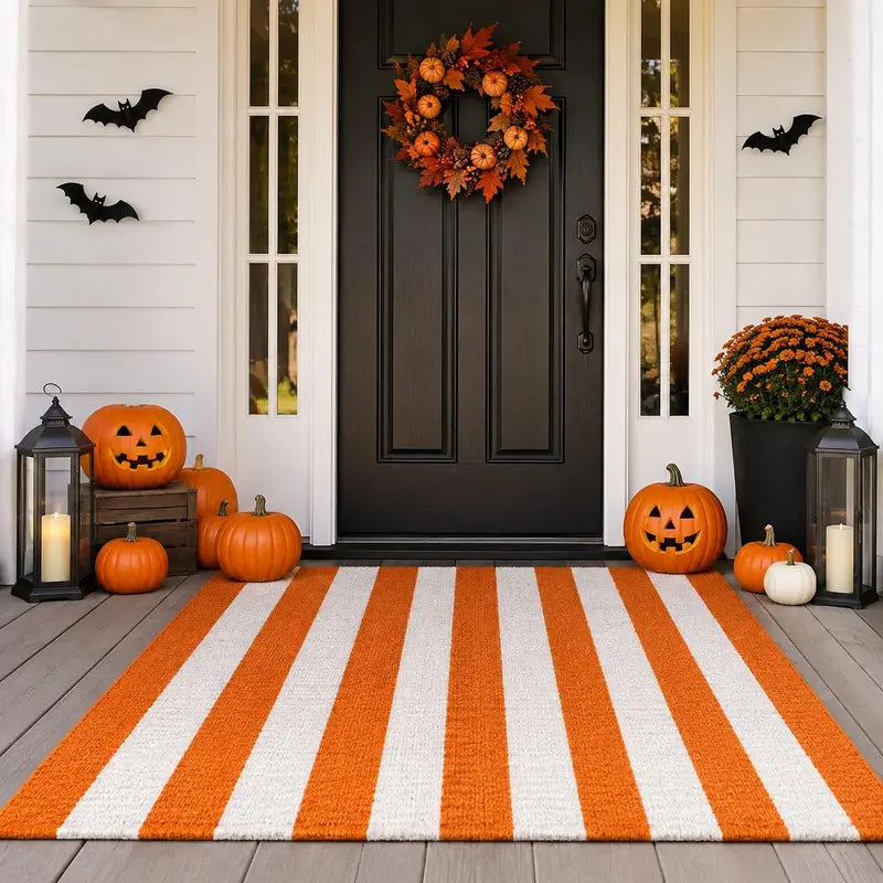 Halloween Orange and White Striped Outdoor Layering Rug
