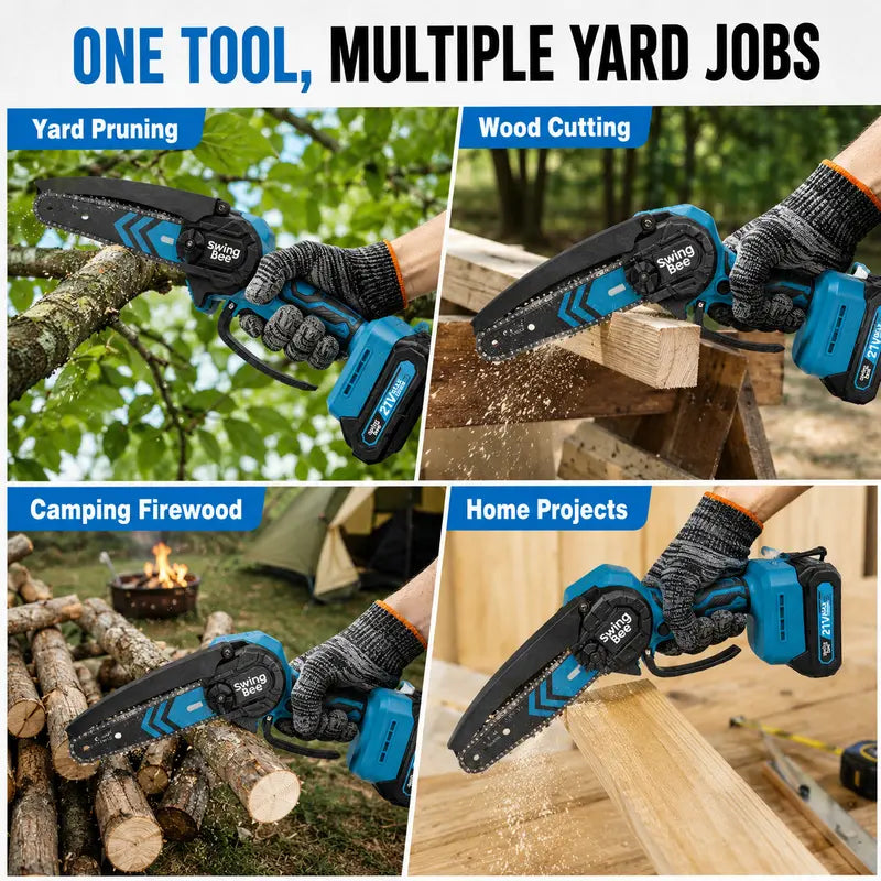 SwingBee 6-Inch Cordless Mini Chainsaw, 21V MAX Portable Handheld Electric Chain Saw with 2 Batteries, Carrying Case & Spare Chain for Tree Trimming & Wood Cutting