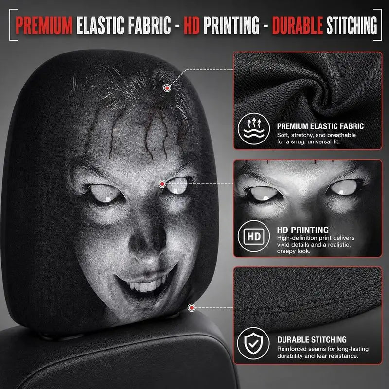 Halloween Car Decor Set! 2-Pack Breathable Ghost Face Headrest Covers, Upgrade Comfort Dust Cover, Immersive Horror Atmosphere Car Accessories Interior