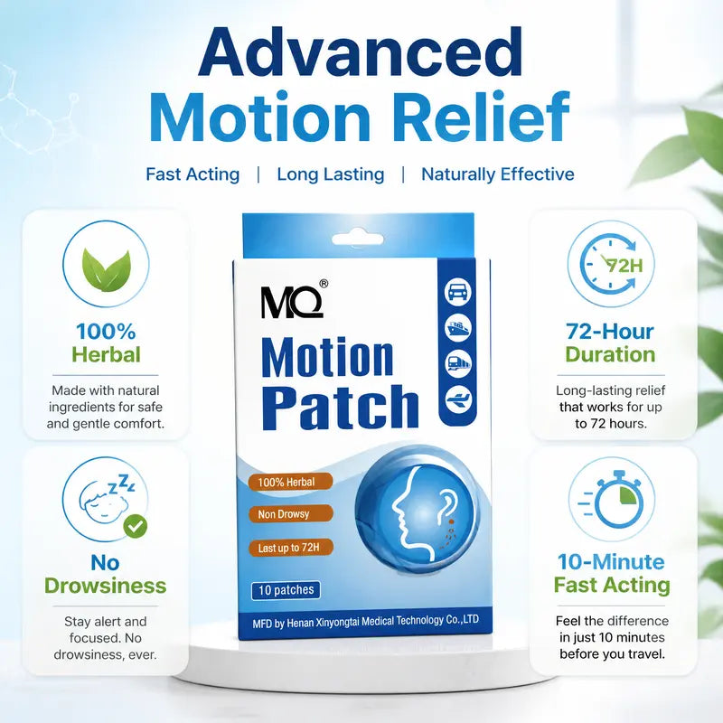 MQ Non-Drowsy Herbal Motion Sickness Relief Patches, 10 Pieces Behind-Ears Self-Adhesive Plasters, 72H Long-Lasting Soothing Heat Packs, Car & Travel Relief Essentials for Alternative Herbal Medication