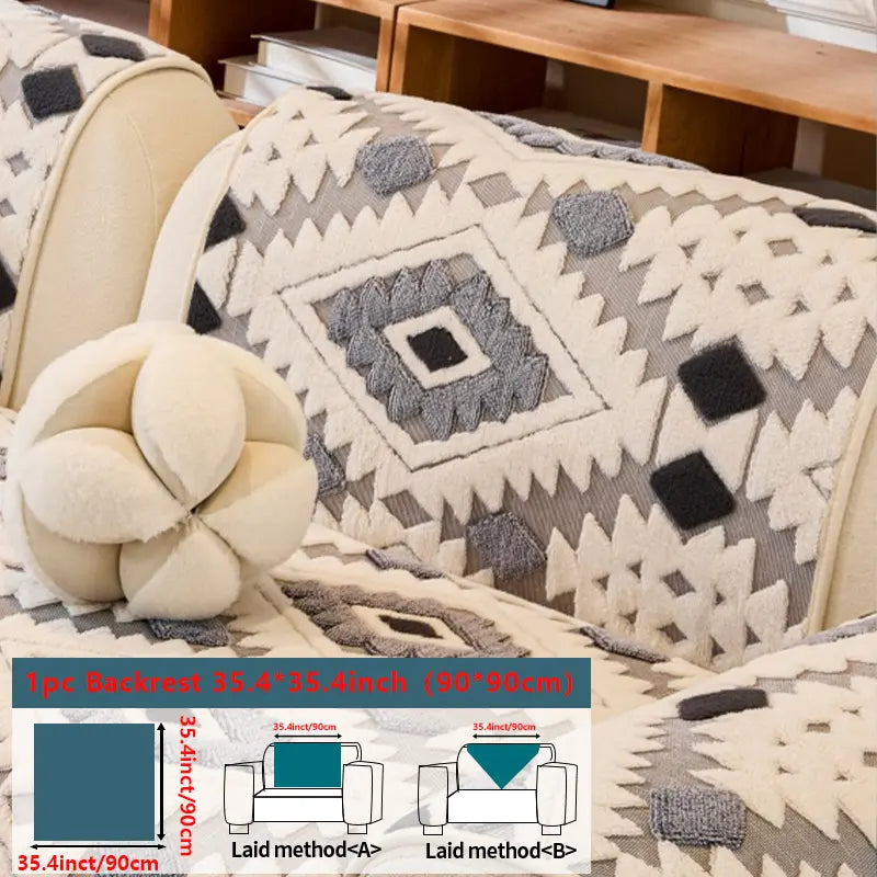 Geometric Plush Sofa Cover, Anti-Slip & Pet-Friendly